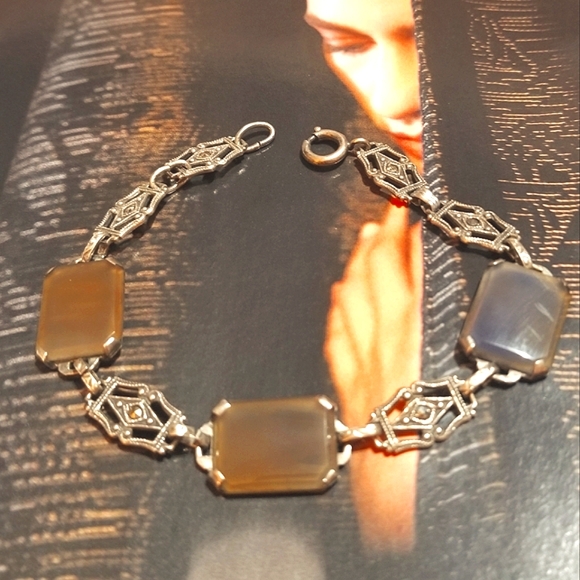 Antique Art Deco Sterling Taupe Camphor Glass Bracelet - Picture 2 of 7